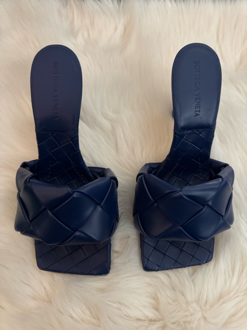 🆕 Bottega Veneta Navy Blue Woven Intrecciato Lido Slide Heeled Sandals - 38C - Picture 4 of 14